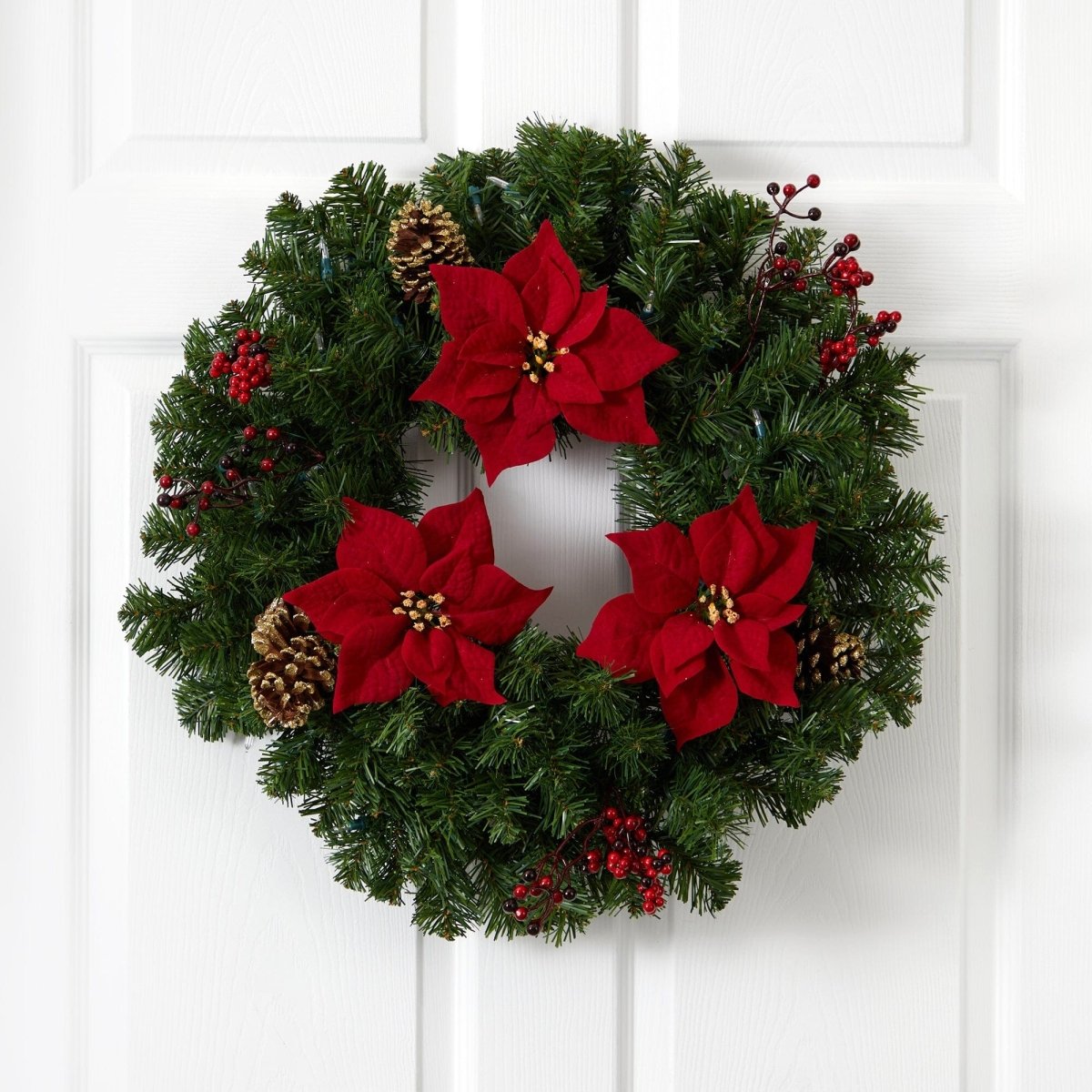 Nearly Natural 24" Pre - Lit Christmas Wreath with Poinsettia, Berries & Pinecones - 50 LED