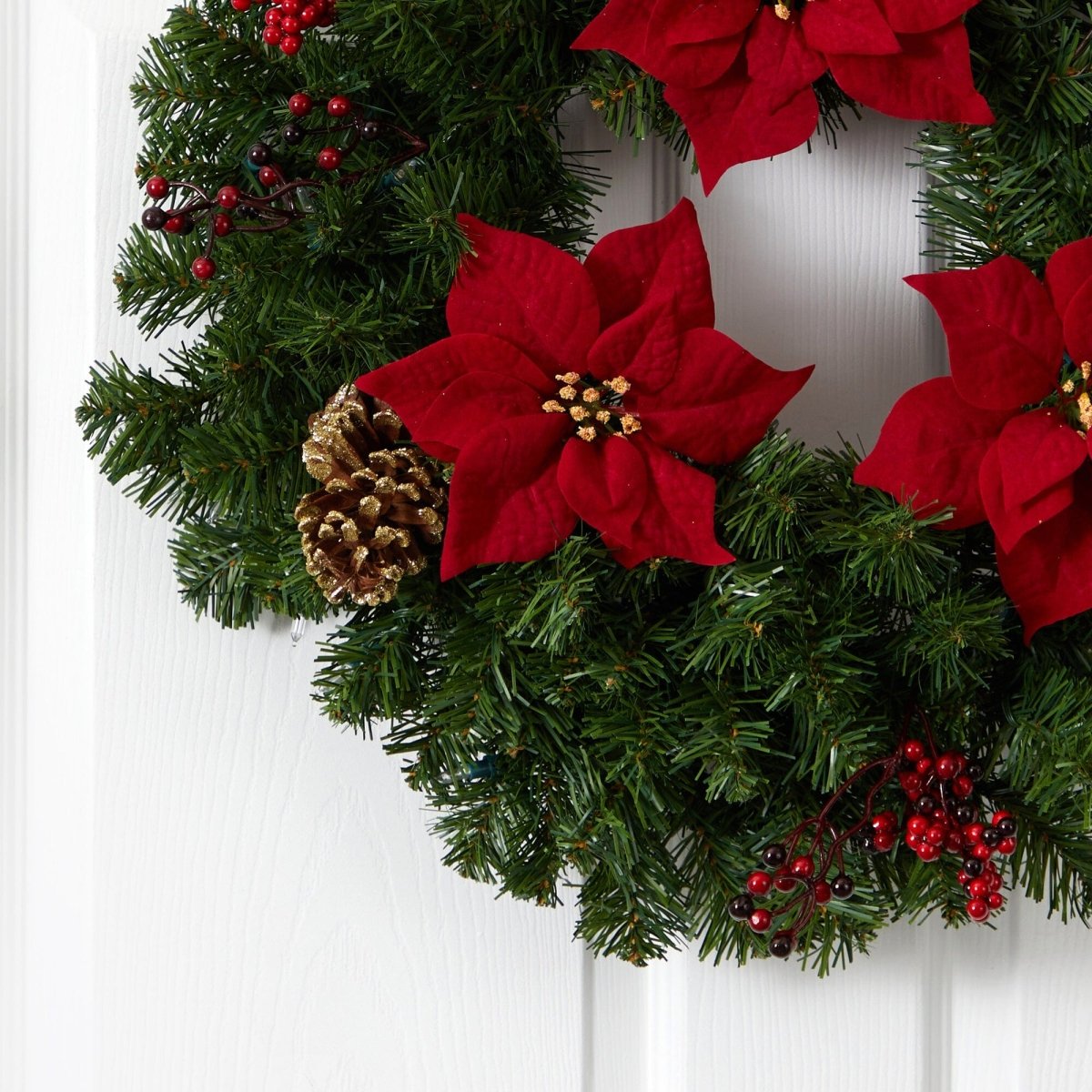Nearly Natural 24" Pre - Lit Christmas Wreath with Poinsettia, Berries & Pinecones - 50 LED