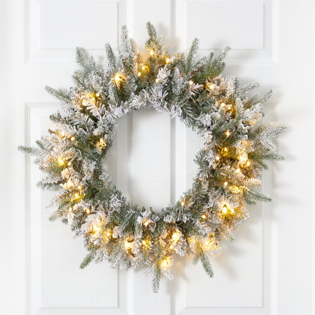 Nearly Natural 24" Pre - Lit Flocked Christmas Wreath - 50 LED Lights White Snow