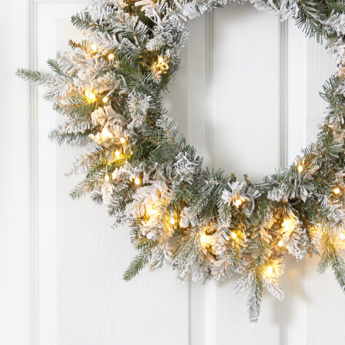 Nearly Natural 24" Pre - Lit Flocked Christmas Wreath - 50 LED Lights White Snow