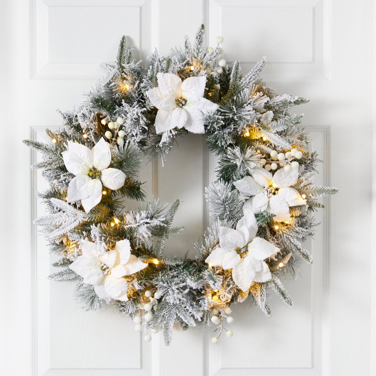 Nearly Natural 24" Pre - Lit Flocked Poinsettia Pine Christmas Wreath - 50 Warm White LEDs