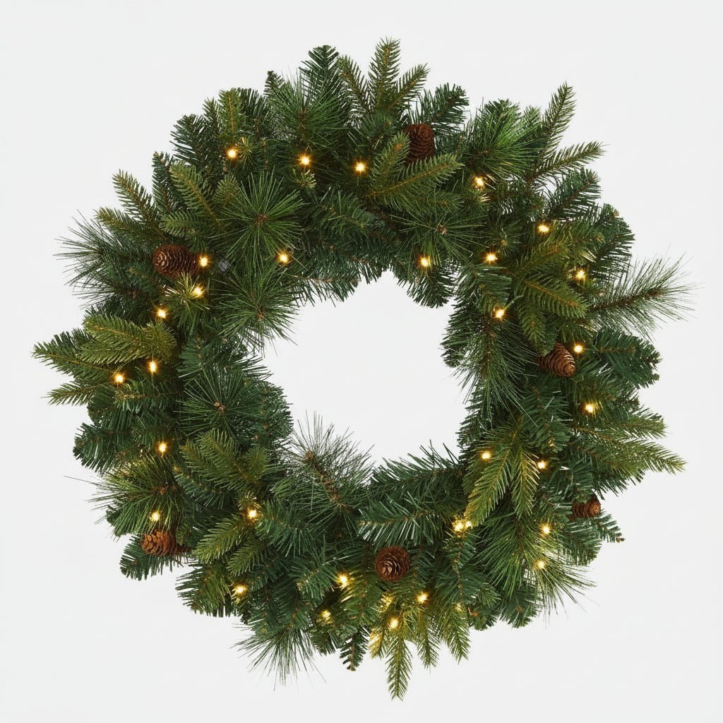 Nearly Natural 24" Pre - Lit Mixed Pine Christmas Wreath - 35 LED Lights & Pinecones