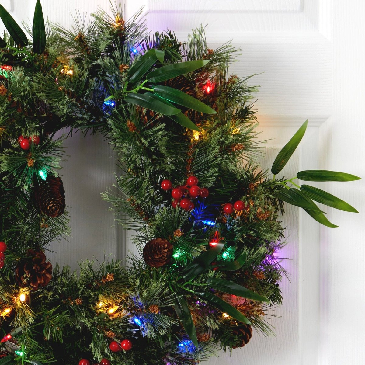 Nearly Natural 24" Pre - Lit Mixed Pine Christmas Wreath - 50 LED Multicolor Lights