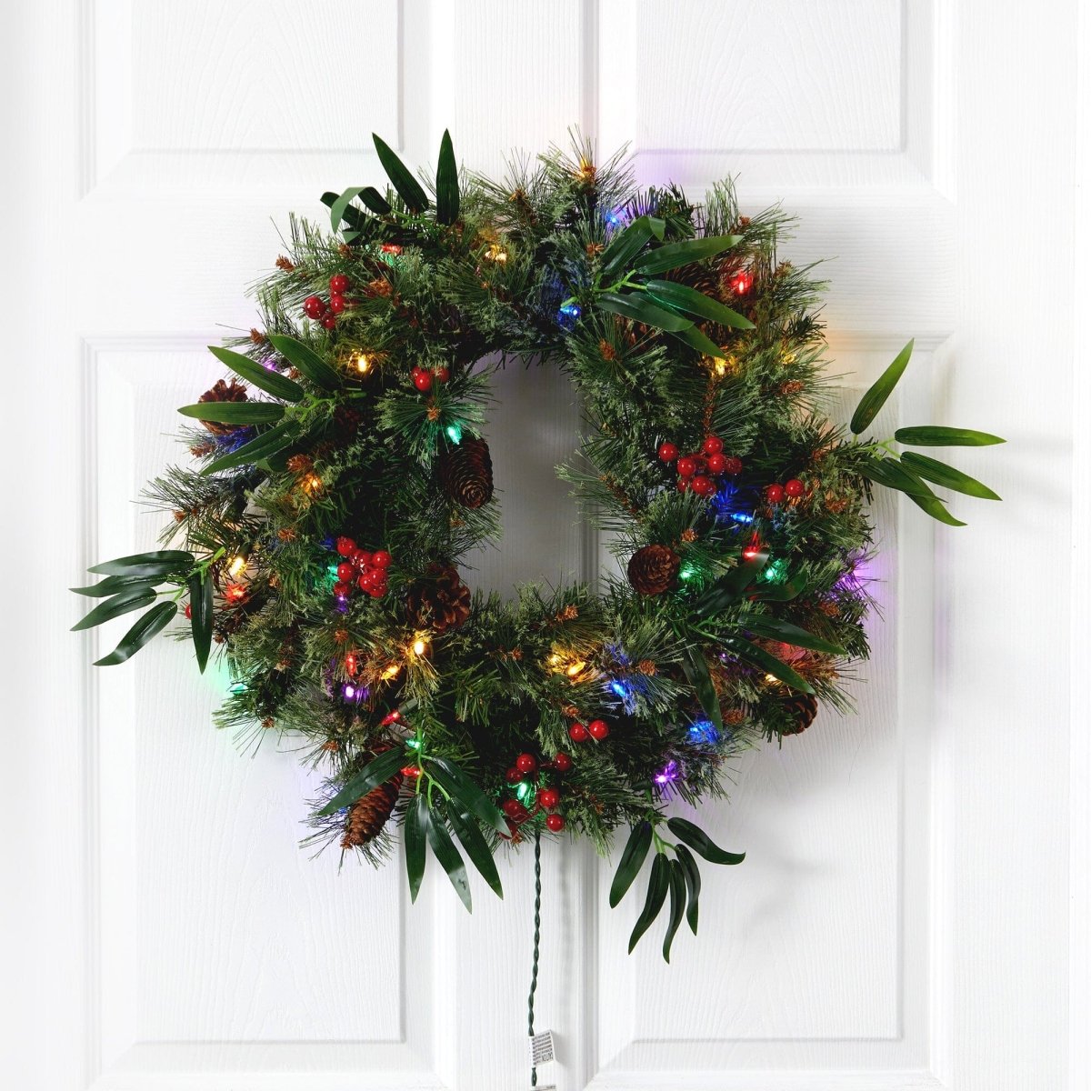 Nearly Natural 24" Pre - Lit Mixed Pine Christmas Wreath - 50 LED Multicolor Lights