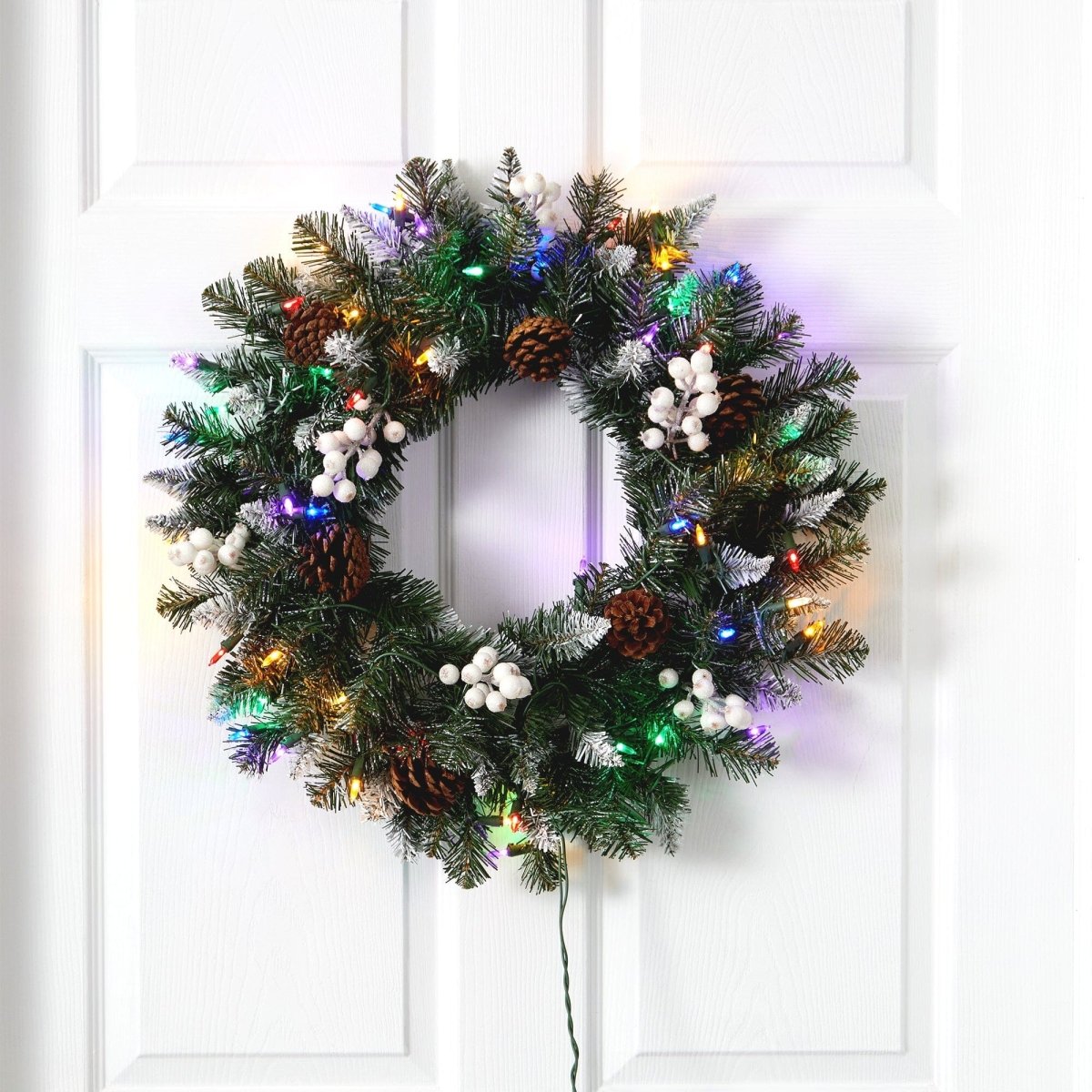 Nearly Natural 24" Pre - Lit Snow Tipped Christmas Wreath - 50 Multicolor LED Lights