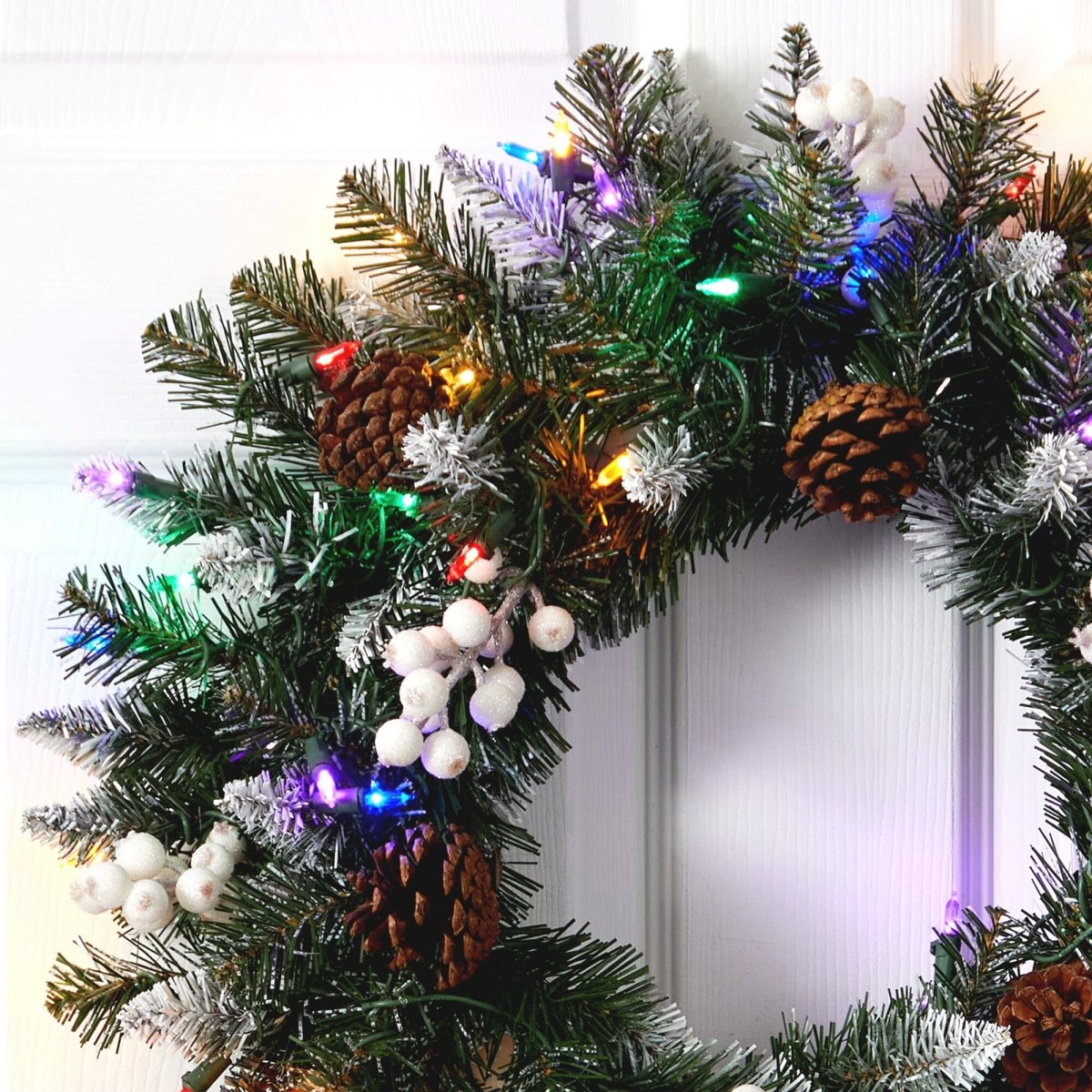 Nearly Natural 24" Pre - Lit Snow Tipped Christmas Wreath - 50 Multicolor LED Lights