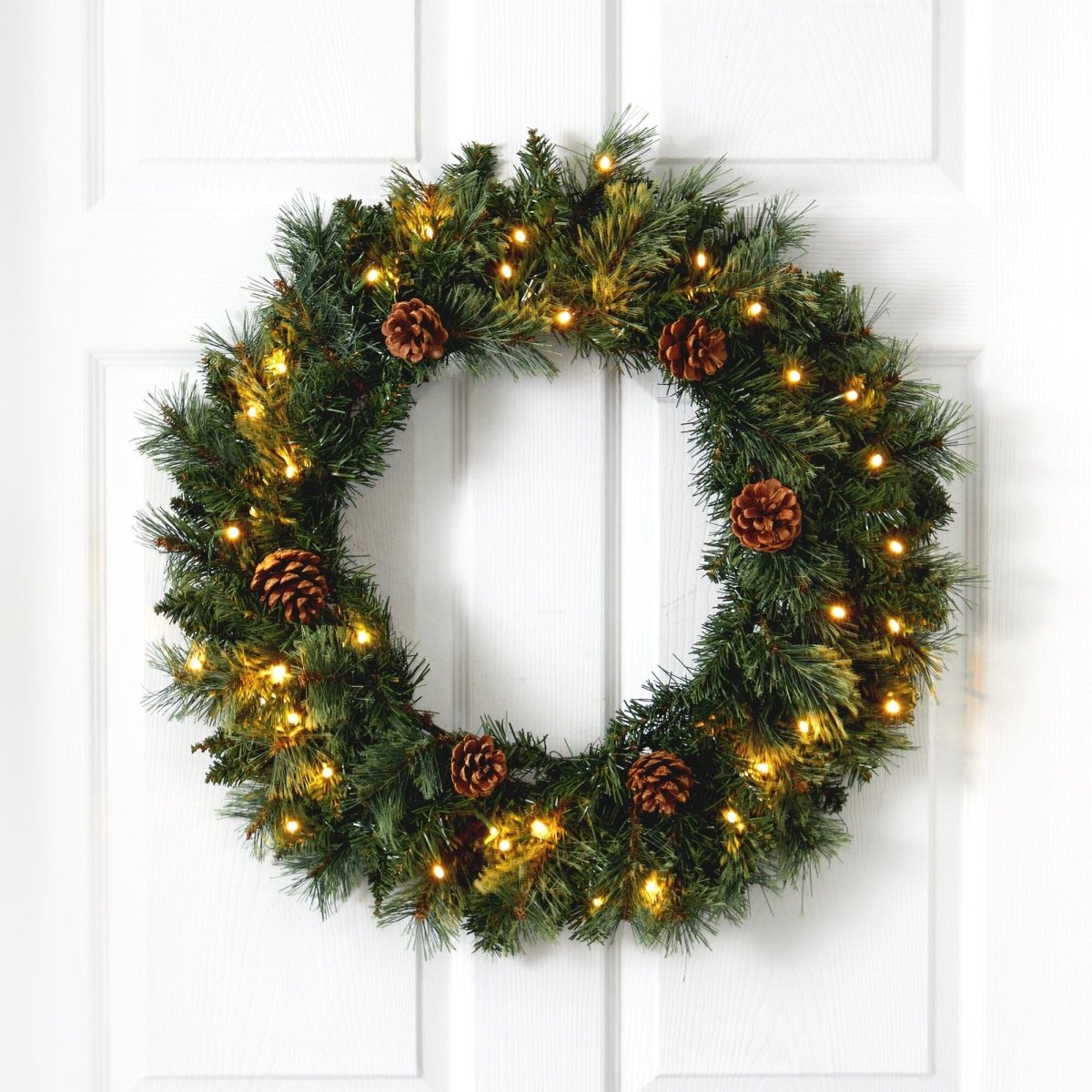 Nearly Natural 24" Pre - Lit White Mountain Pine Christmas Wreath - 35 LED Lights
