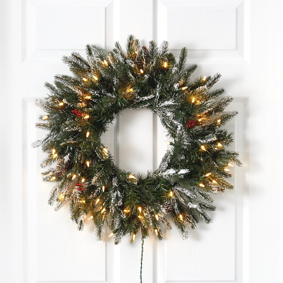 Nearly Natural 24” Snowed Artificial Christmas Wreath with 50 Warm White LED Lights and Pine Cones