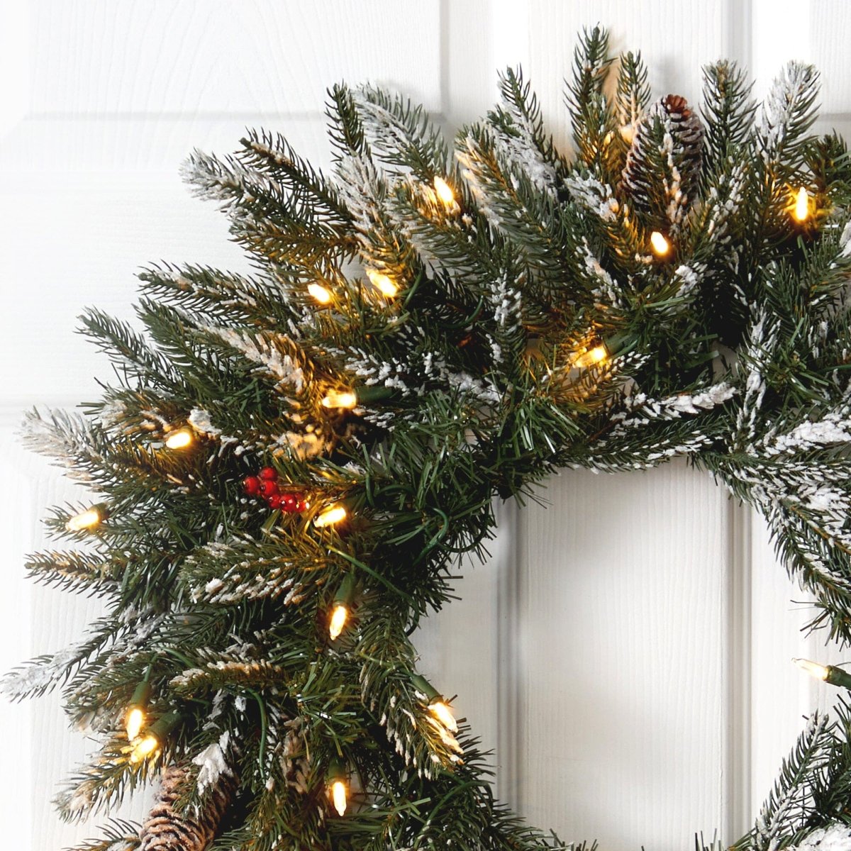 Nearly Natural 24” Snowed Artificial Christmas Wreath with 50 Warm White LED Lights and Pine Cones