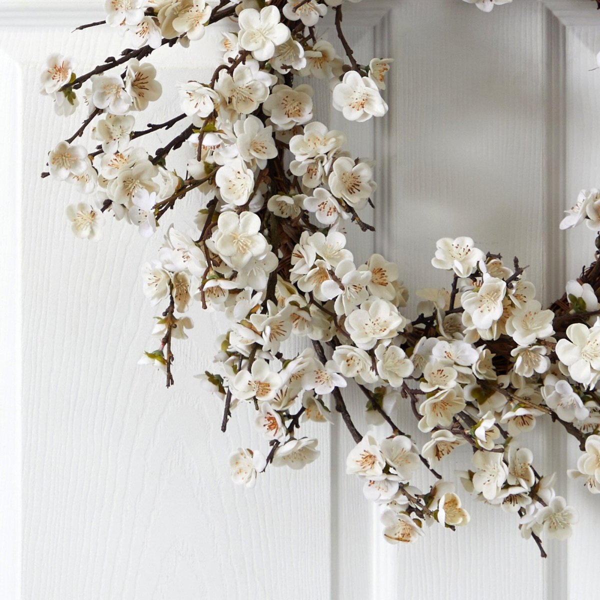 Nearly Natural 24" White Silk Plum Blossom Wreath - Artificial Floral Door Decor