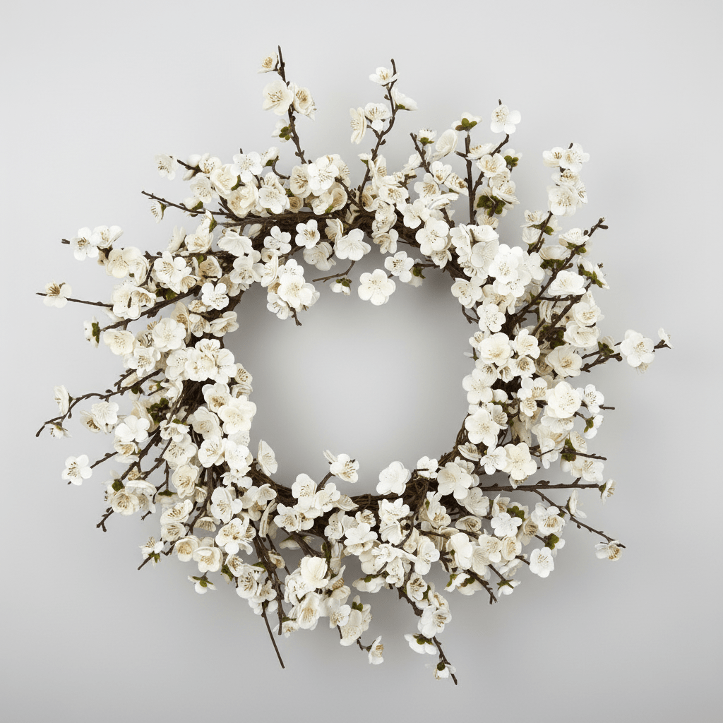 Nearly Natural 24" White Silk Plum Blossom Wreath - Artificial Floral Door Decor