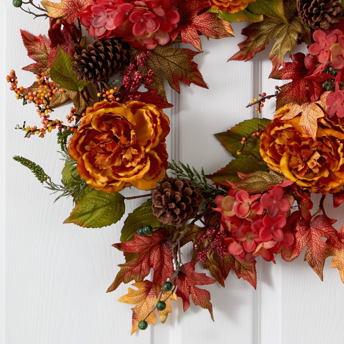 Nearly Natural 25” Fall Ranunculus, Hydrangea and Berries Autumn Artificial Wreath