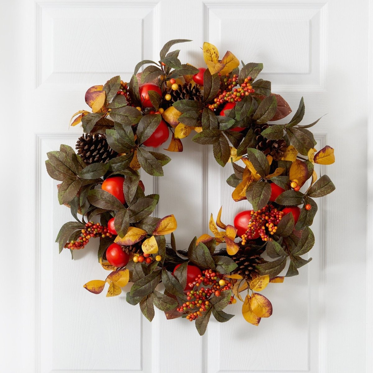 Nearly Natural 26” Autumn Persimmon and Pinecones Artificial Fall Wreath