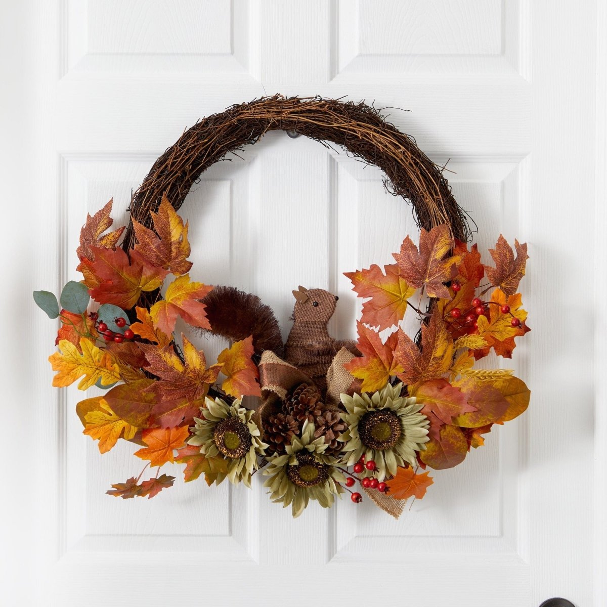 Nearly Natural 26” Fall Harvest Artificial Autumn Wreath with Twig Base and Squirrel