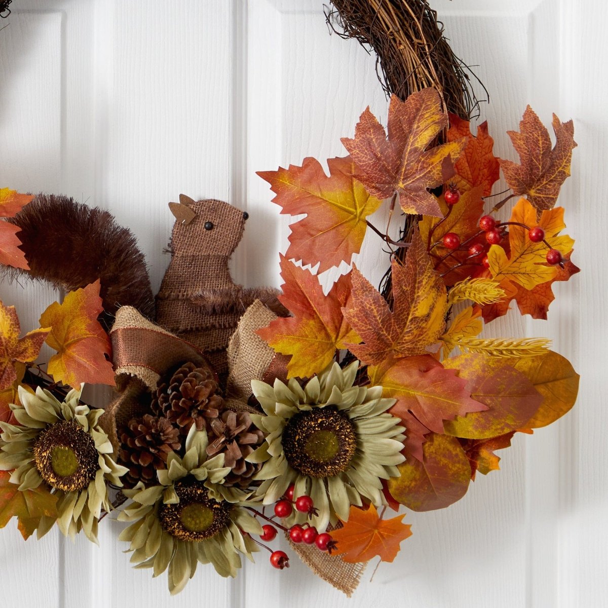 Nearly Natural 26” Fall Harvest Artificial Autumn Wreath with Twig Base and Squirrel