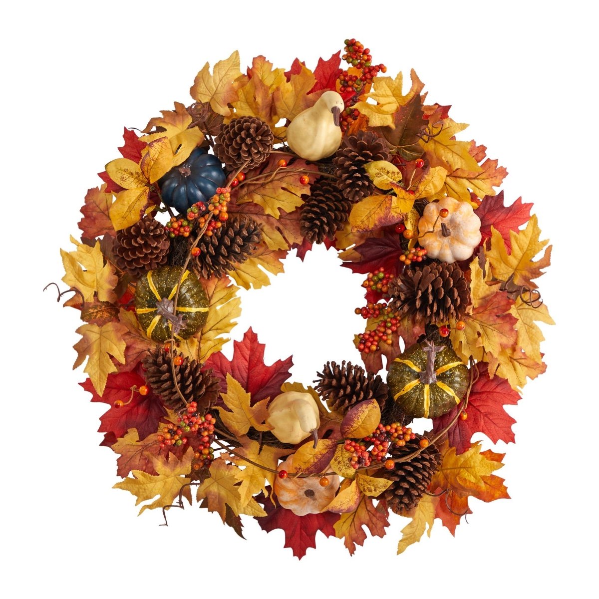 Nearly Natural 26” Fall Pumpkin, Gourd, Pinecone and Maple Leaf Artificial Autumn Wreath