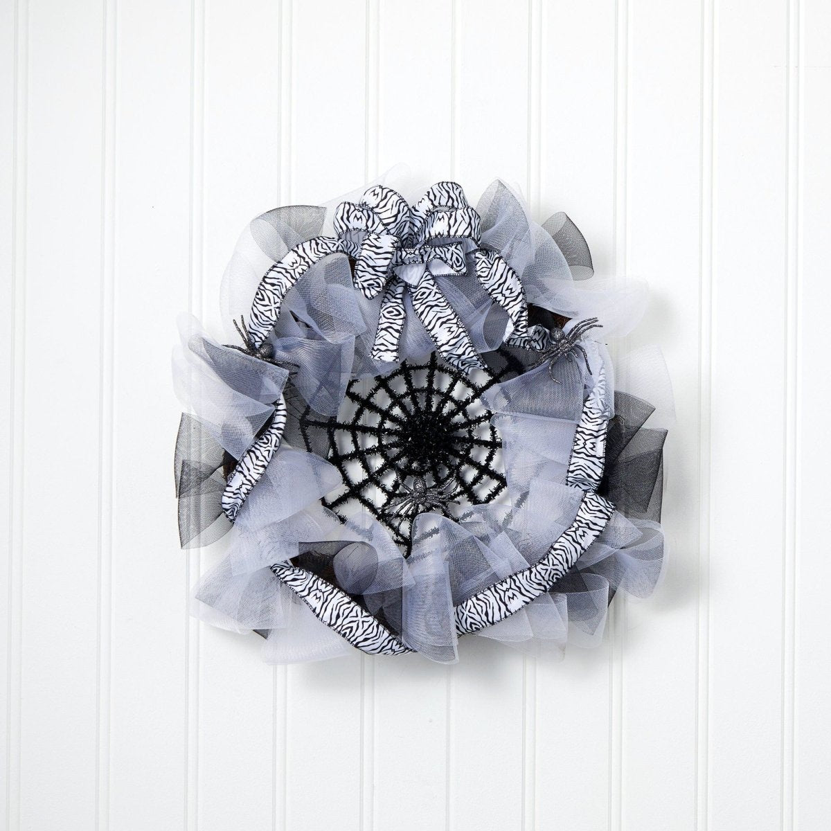 Nearly Natural 26" Halloween Spider Web Mesh Wreath with Spider & Bows