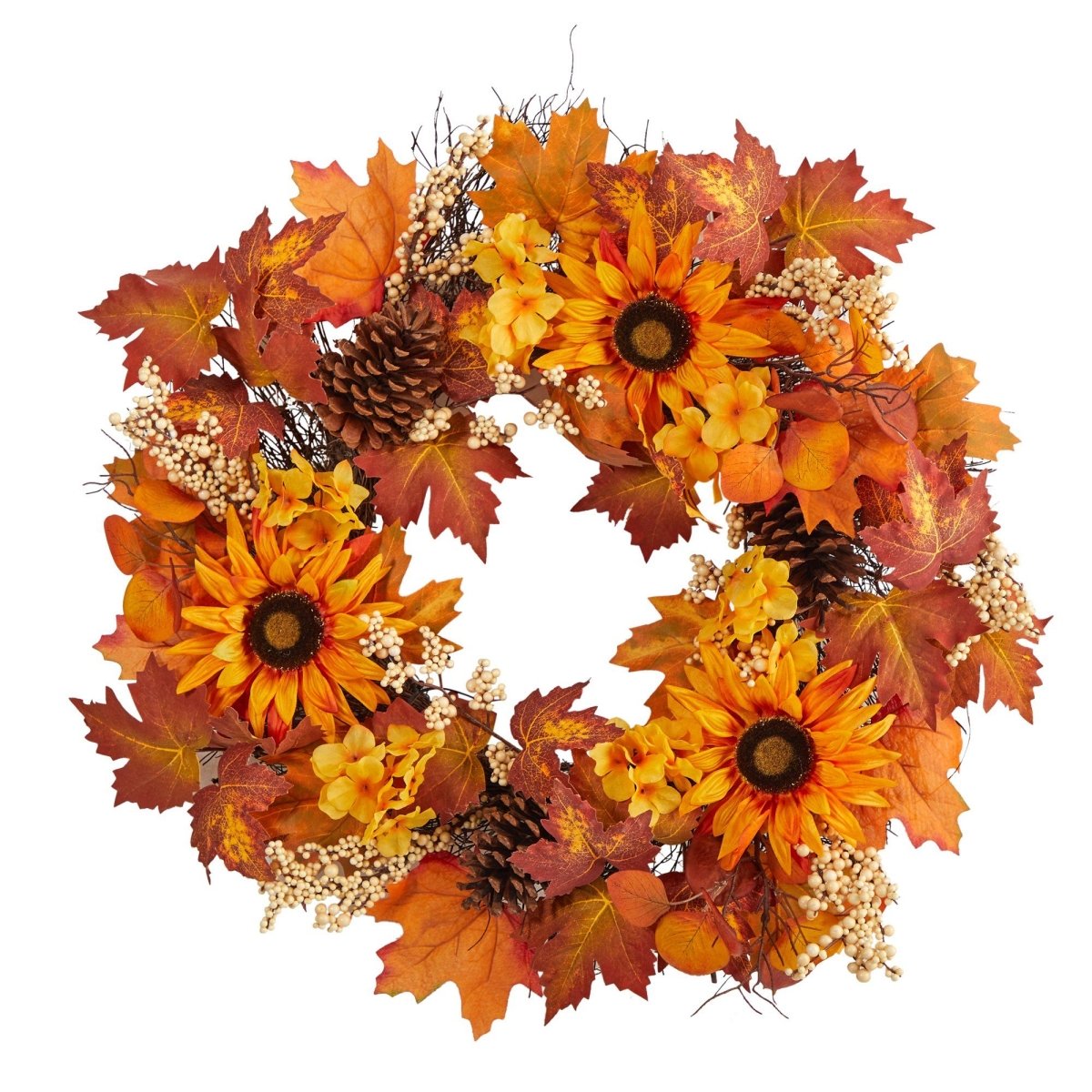 Nearly Natural 28" Autumn Wreath with Sunflowers, Maple Leaves & Pinecones