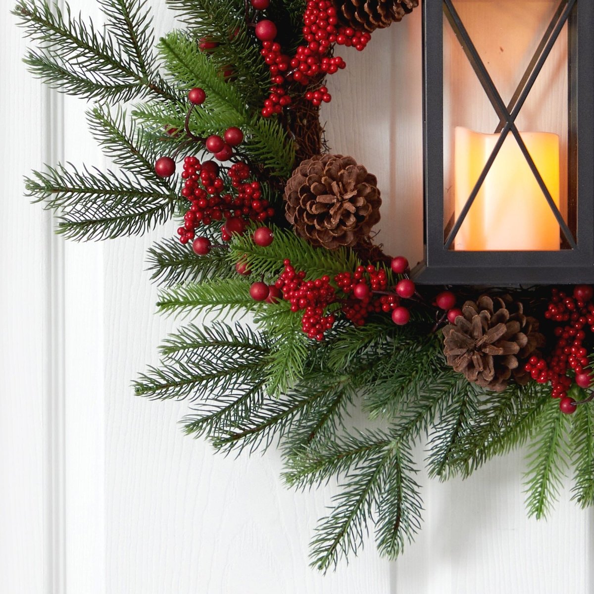 Nearly Natural 28" Lighted Christmas Wreath with Lantern, Berries & Pinecones - LED