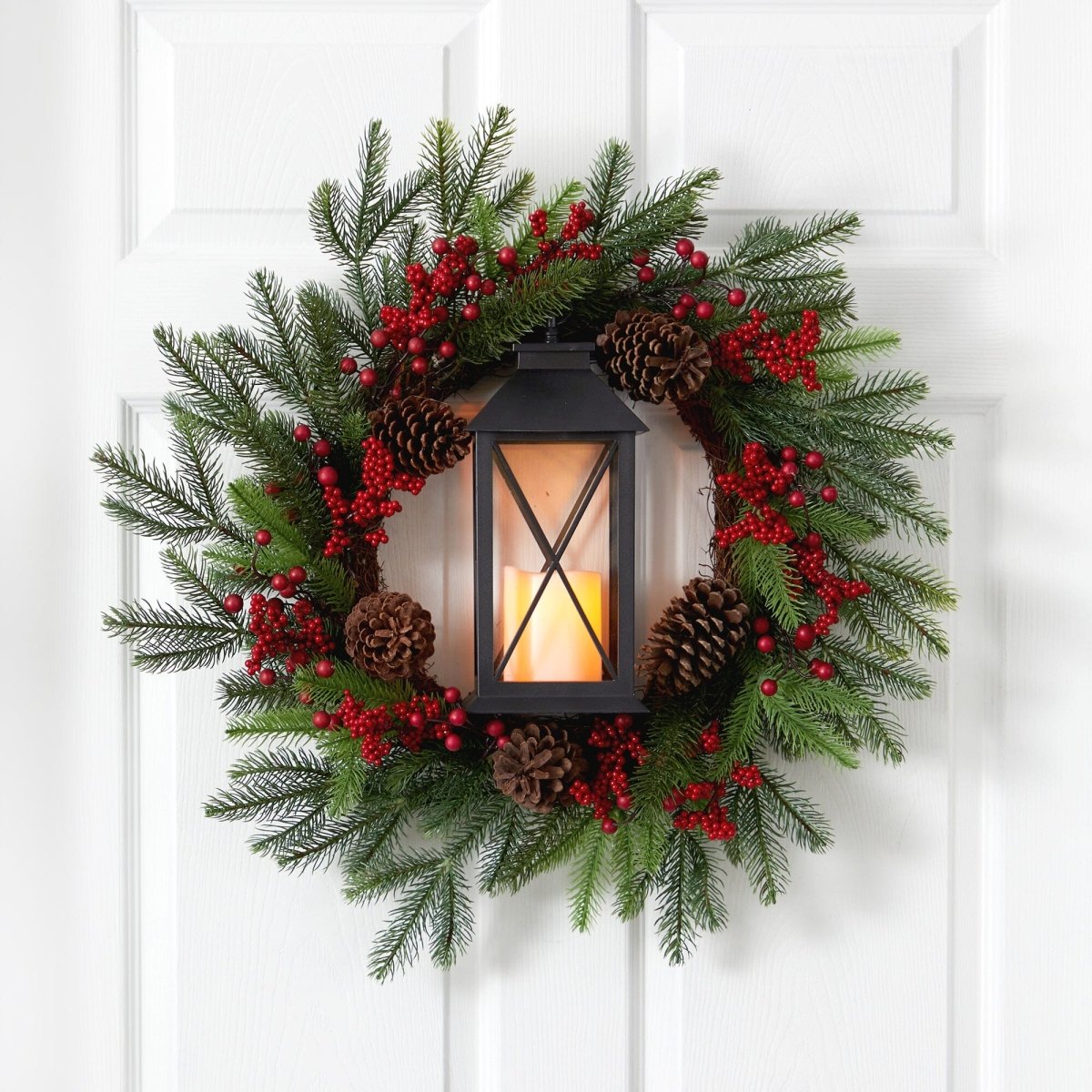 Nearly Natural 28" Lighted Christmas Wreath with Lantern, Berries & Pinecones - LED