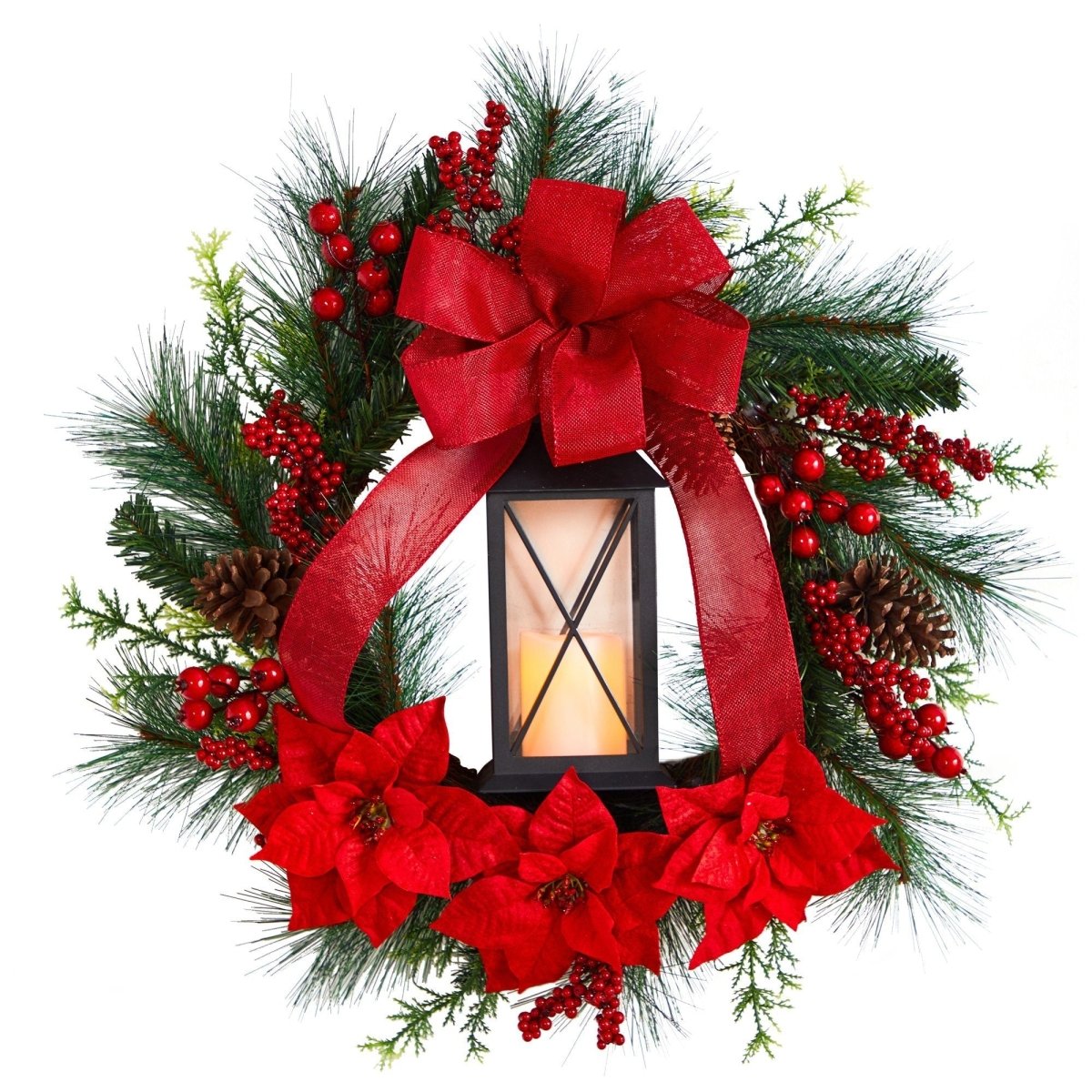Nearly Natural 28” Poinsettia and Berry Holiday Lantern Christmas Wreath with LED Candle