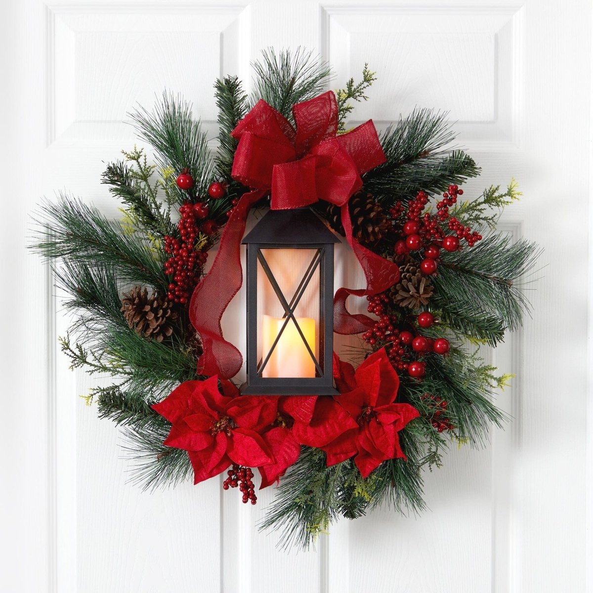 Nearly Natural 28” Poinsettia and Berry Holiday Lantern Christmas Wreath with LED Candle
