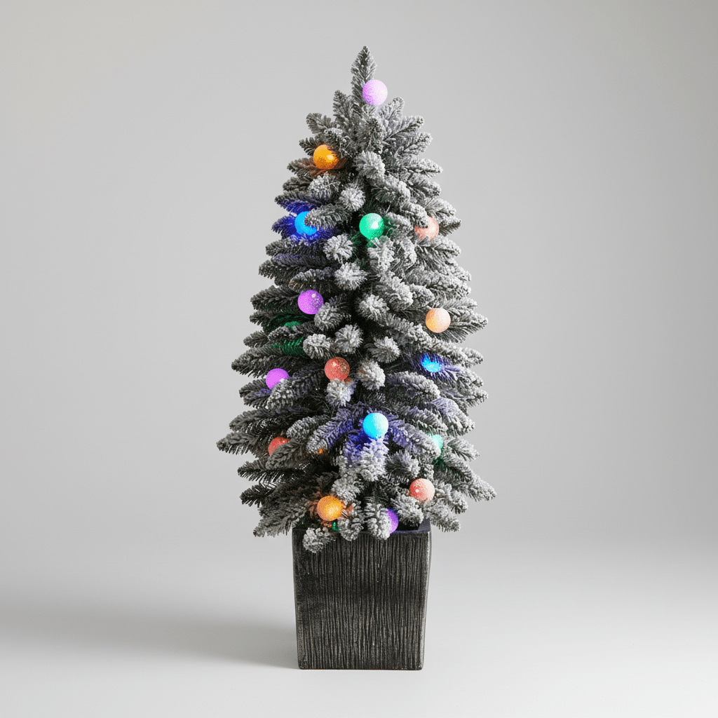 Nearly Natural 3’ Flocked Highland Fir Tree with 127 Branches and 20 LED Globe Lights in Decorative Planter