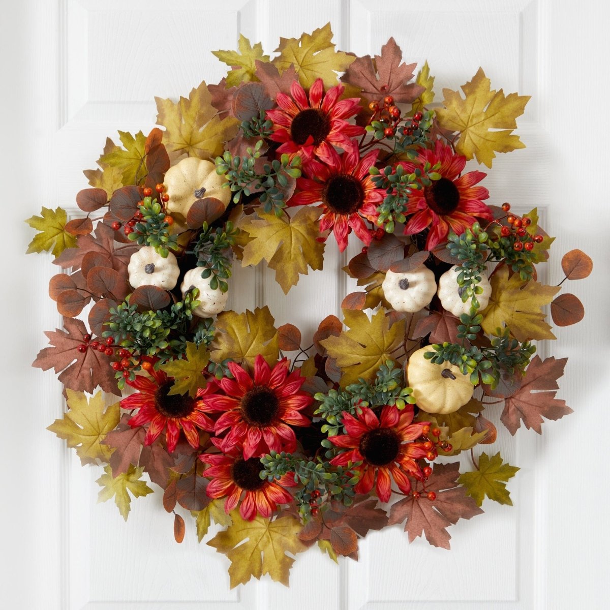 Nearly Natural 30” Artificial Fall Acorn, Sunflower, Berries and Autumn Foliage Wreath