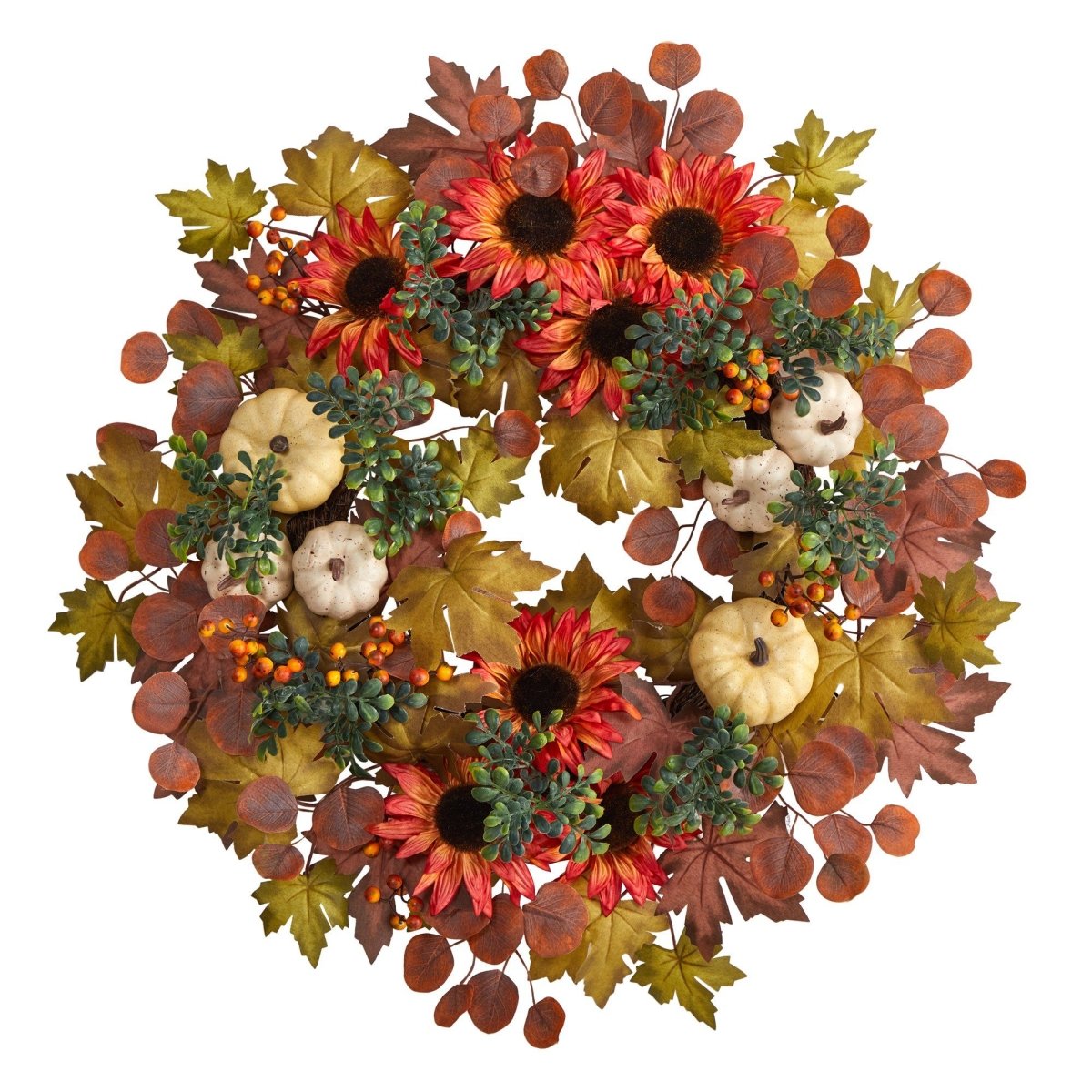 Nearly Natural 30” Artificial Fall Acorn, Sunflower, Berries and Autumn Foliage Wreath