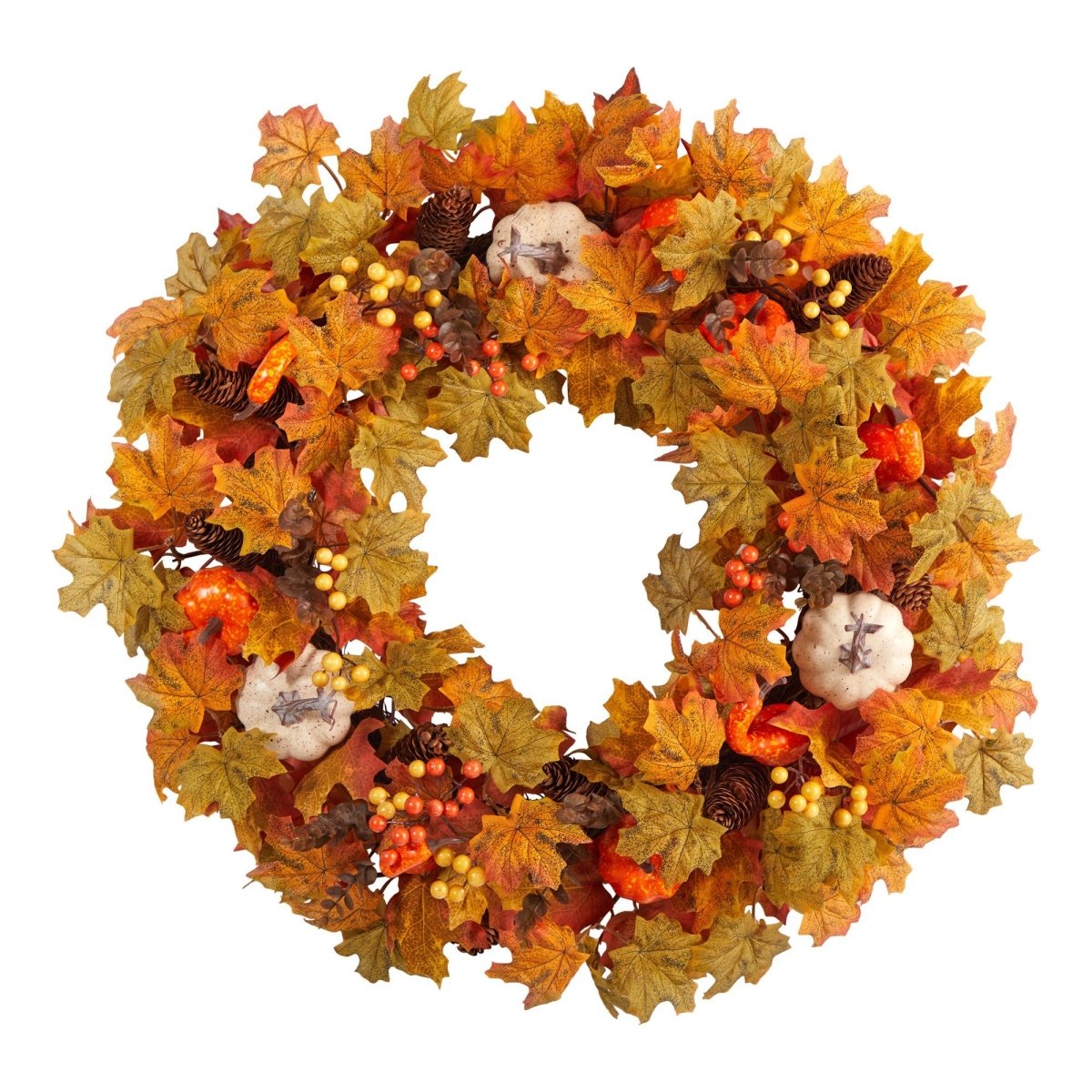 Nearly Natural 30" Artificial Fall Wreath - Pumpkin Maple Leaf - 3D Design