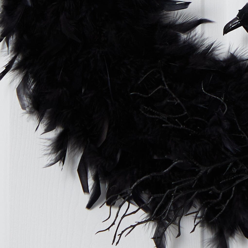 Nearly Natural 30" Black Feather Halloween Wreath with Raven - Gothic Door Decor