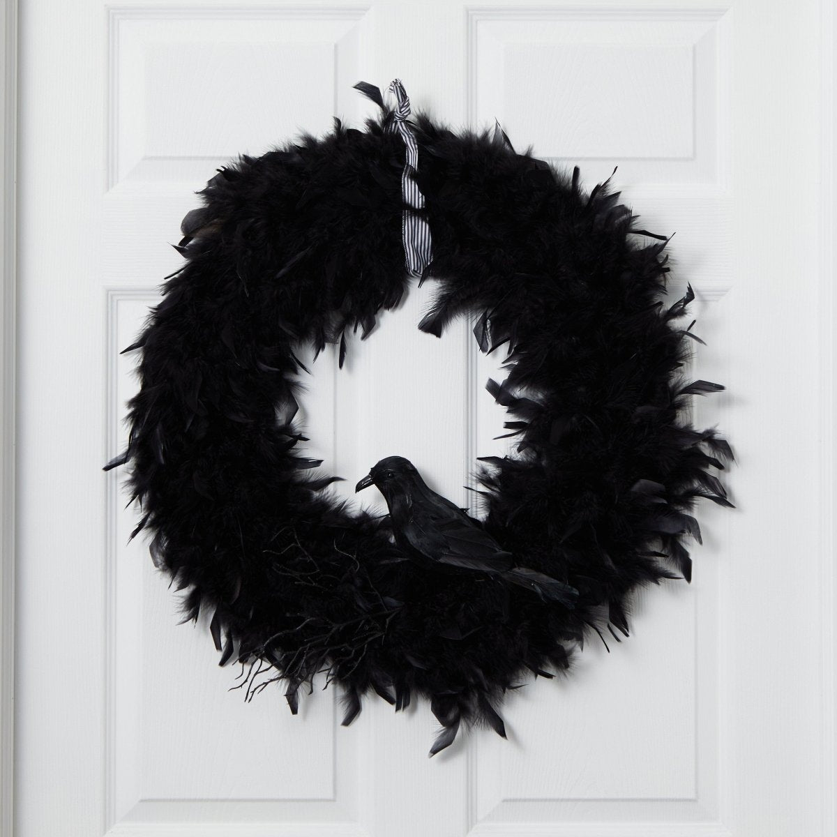Nearly Natural 30" Black Feather Halloween Wreath with Raven - Gothic Door Decor
