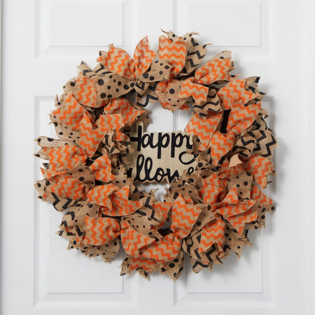 Nearly Natural 30" Halloween Burlap Ribbon Wreath - Orange Rustic Door Decor