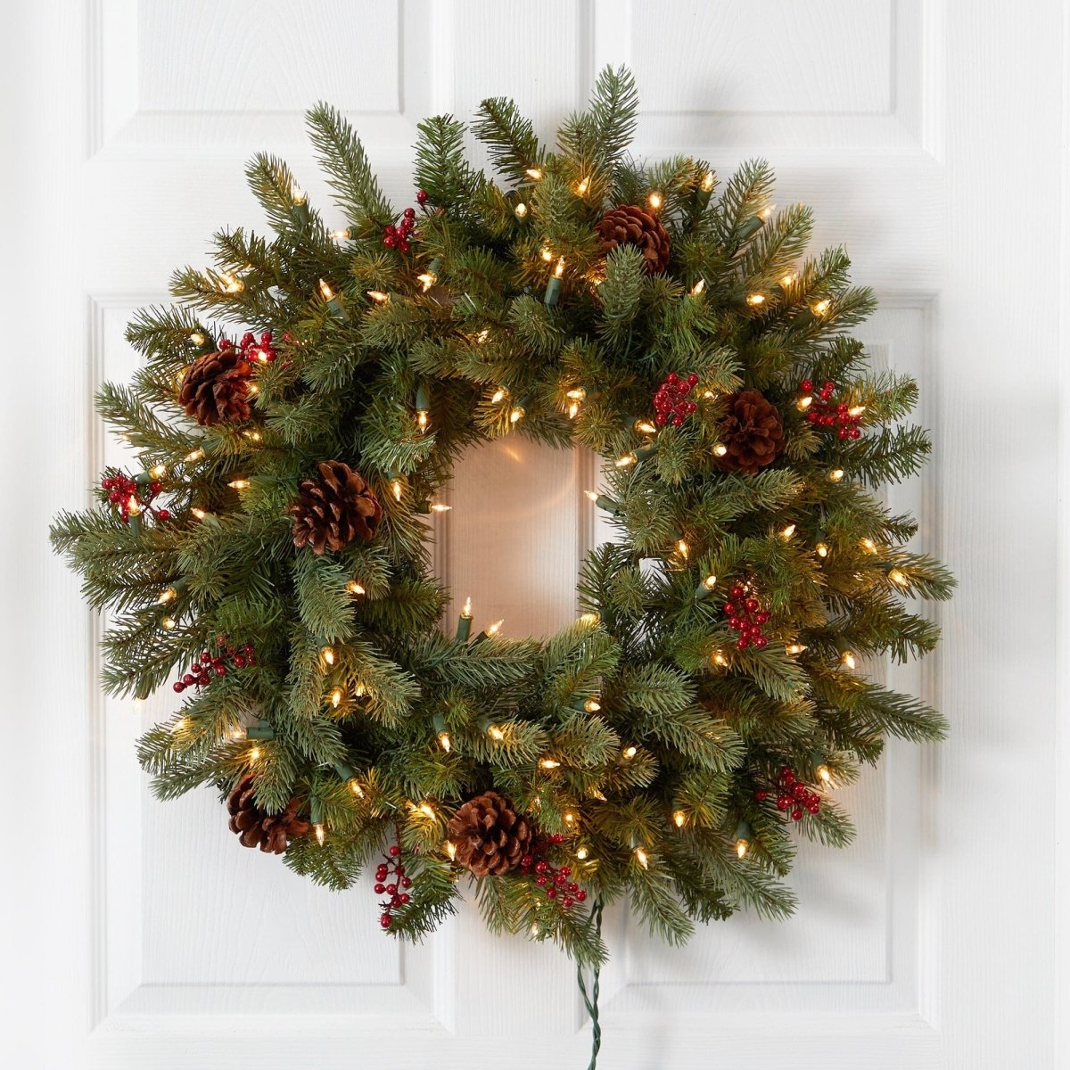 Nearly Natural 30” Lighted Pine Wreath with Berries & Pine Cones