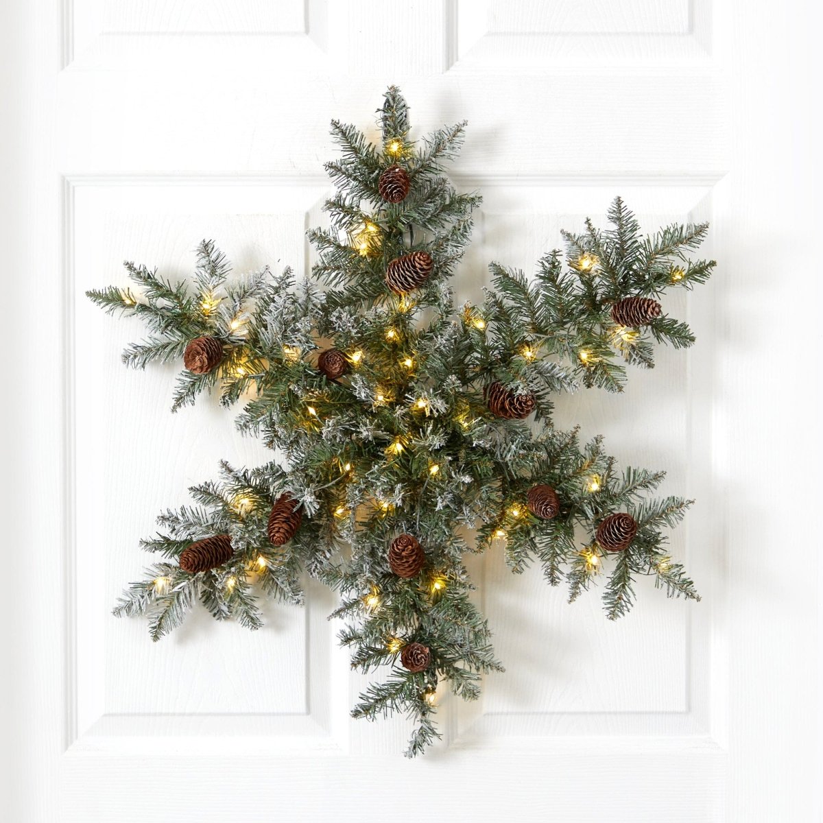 Nearly Natural 30" Pre - Lit Flocked Dunhill Fir Wreath with Pinecones & 40 LED Lights
