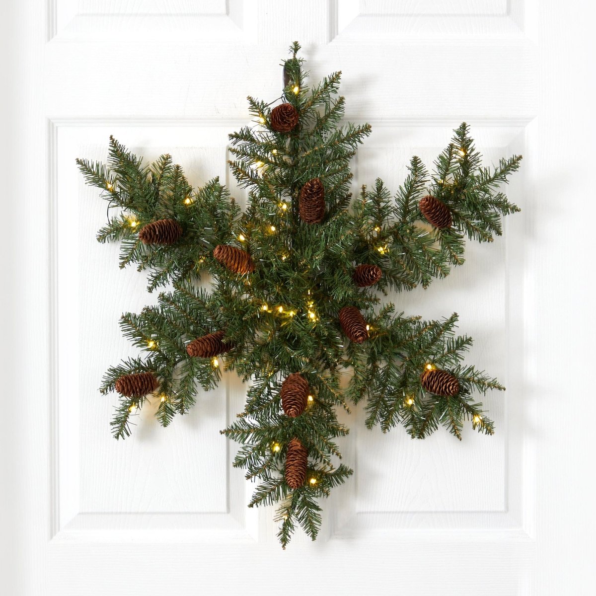 Nearly Natural 30" Pre - Lit Snowflake Dunhill Fir Wreath - 40 LED Lights & Pinecones