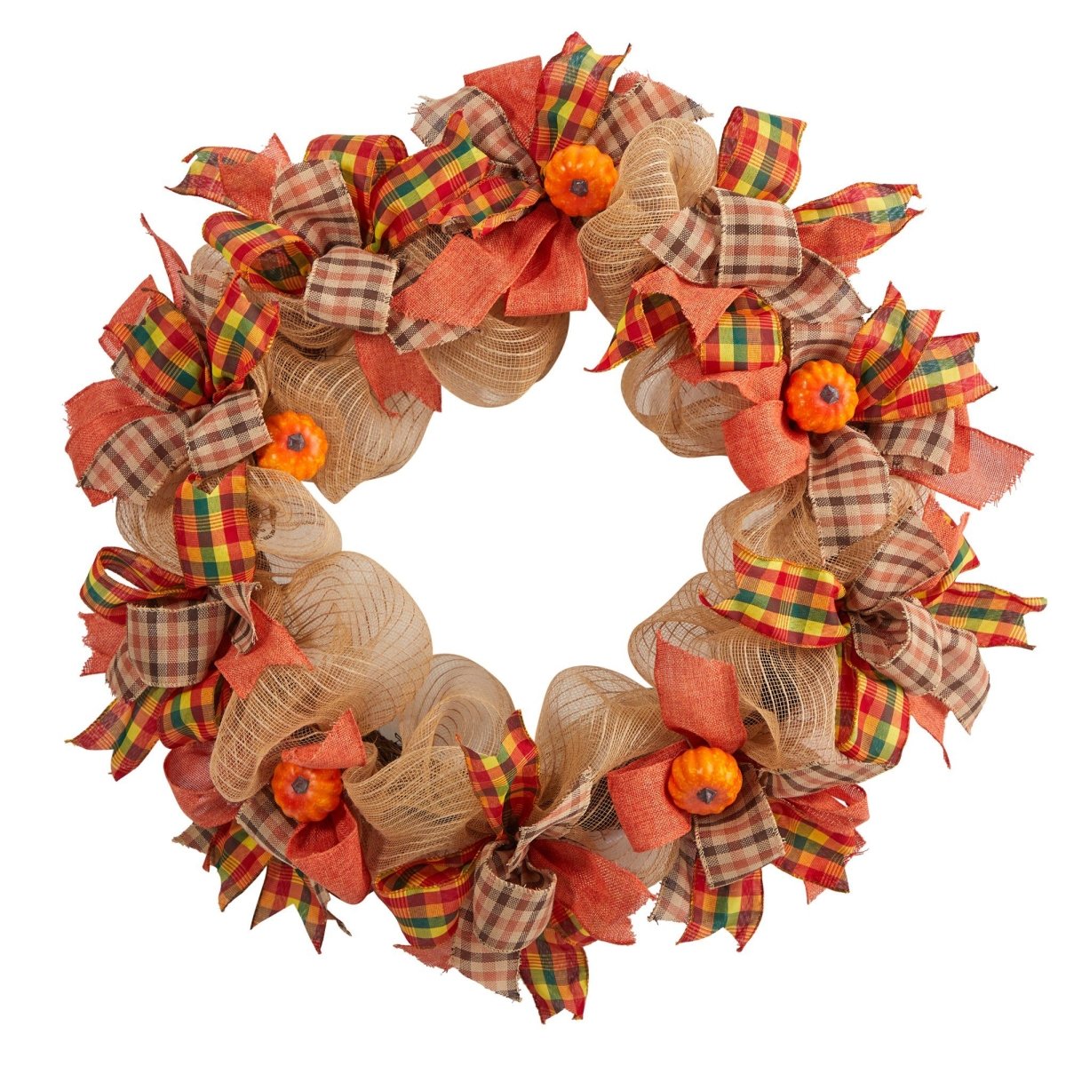 Nearly Natural 30" Pumpkin Wreath with Bows - Artificial Autumn Door Decor