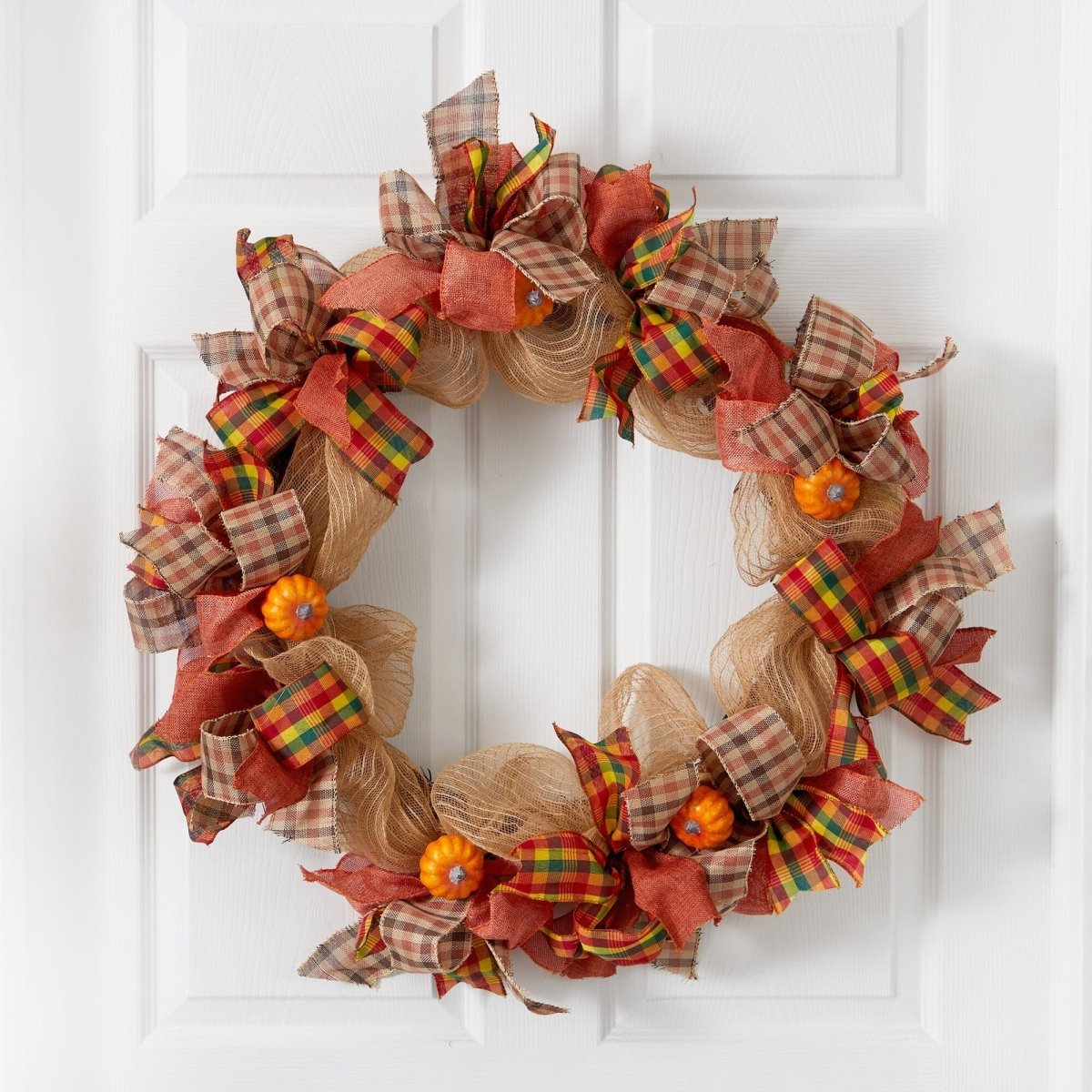 Nearly Natural 30" Pumpkin Wreath with Bows - Artificial Autumn Door Decor