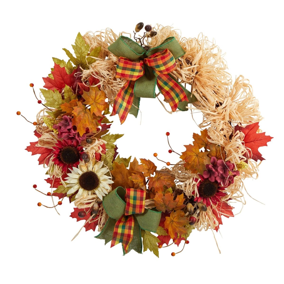 Nearly Natural 30" Rustic Sunflower Fall Wreath with Maple Leaves & Berries