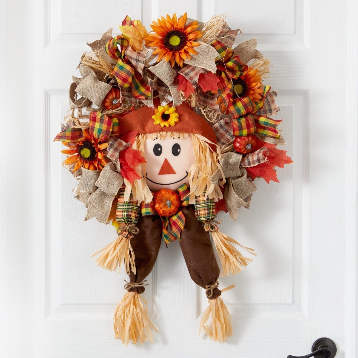 Nearly Natural 30” Scarecrow Fall Artificial Autumn Wreath with Sunflower, Pumpkin and Decorative Bows