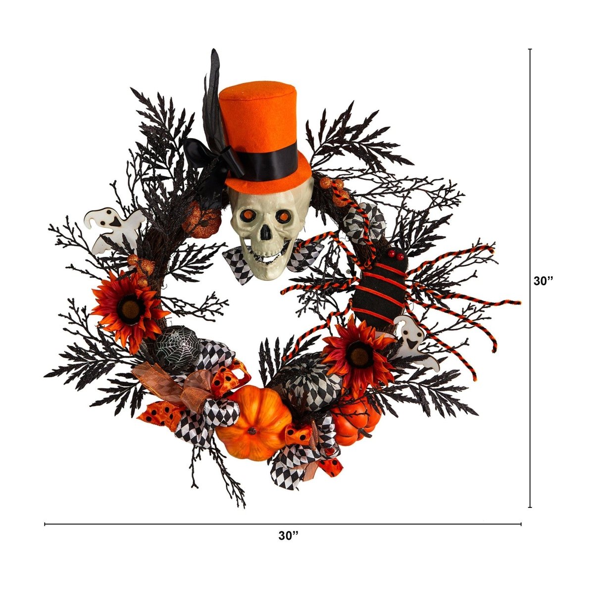 Nearly Natural 30" Skull & Spider Halloween Wreath - Black Orange Top Hat Decor