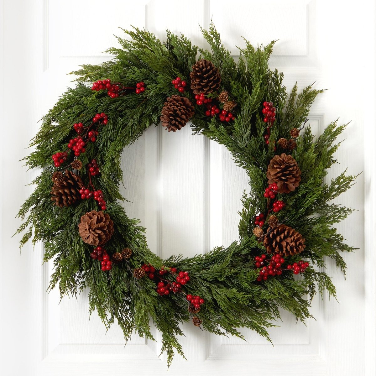 Nearly Natural 32" Realistic Cypress Wreath with Red Berries & Pine Cones