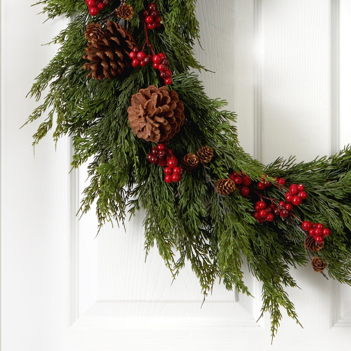 Nearly Natural 32" Realistic Cypress Wreath with Red Berries & Pine Cones