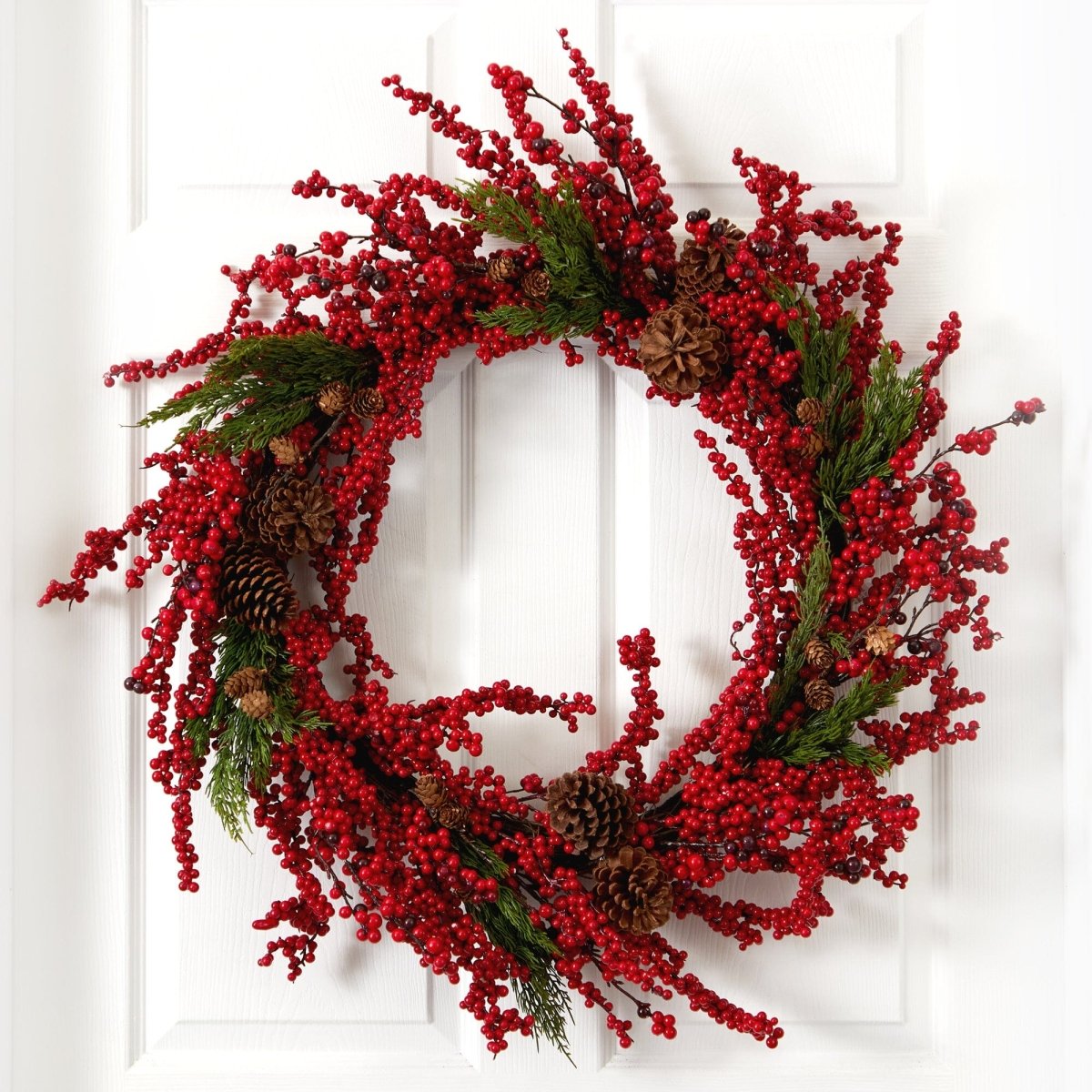 Nearly Natural 34" Cypress Artificial Wreath with Red Berries & Pine Cones