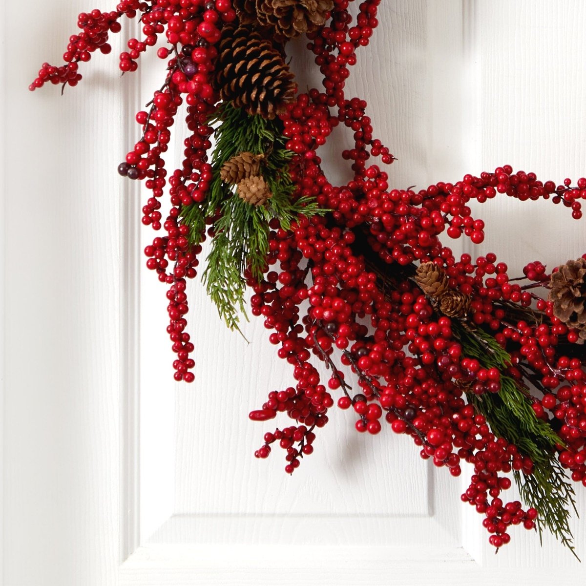 Nearly Natural 34" Cypress Artificial Wreath with Red Berries & Pine Cones