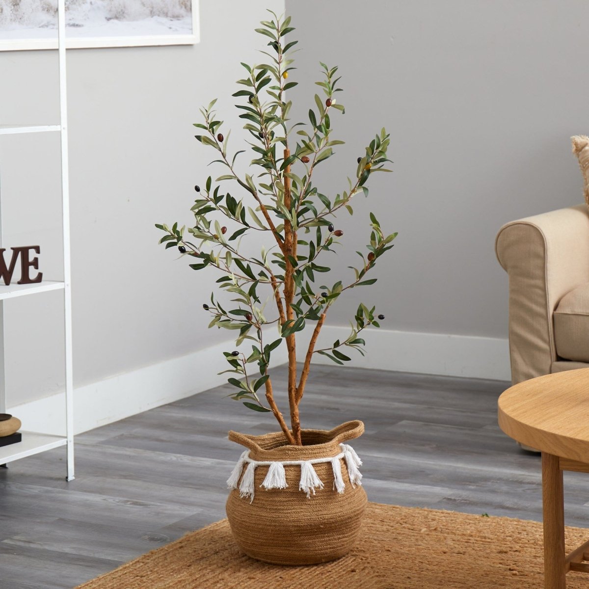 Nearly Natural 3.5’ Artificial Olive Tree with Handmade Jute & Cotton Basket with Tassels