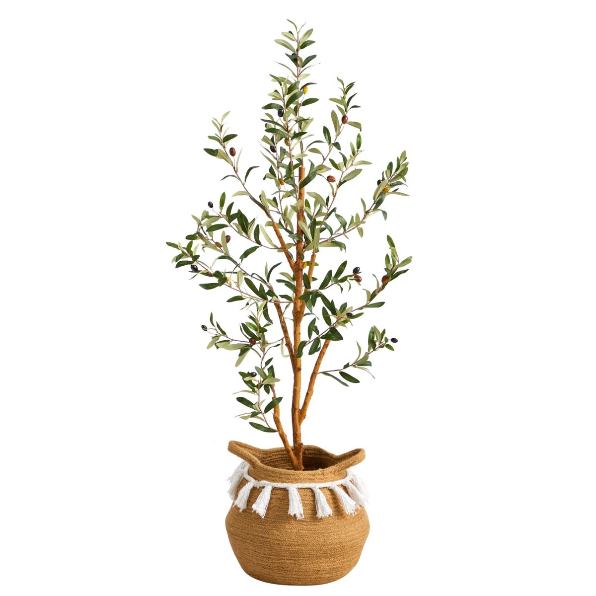 Nearly Natural 3.5’ Artificial Olive Tree with Handmade Jute & Cotton Basket with Tassels