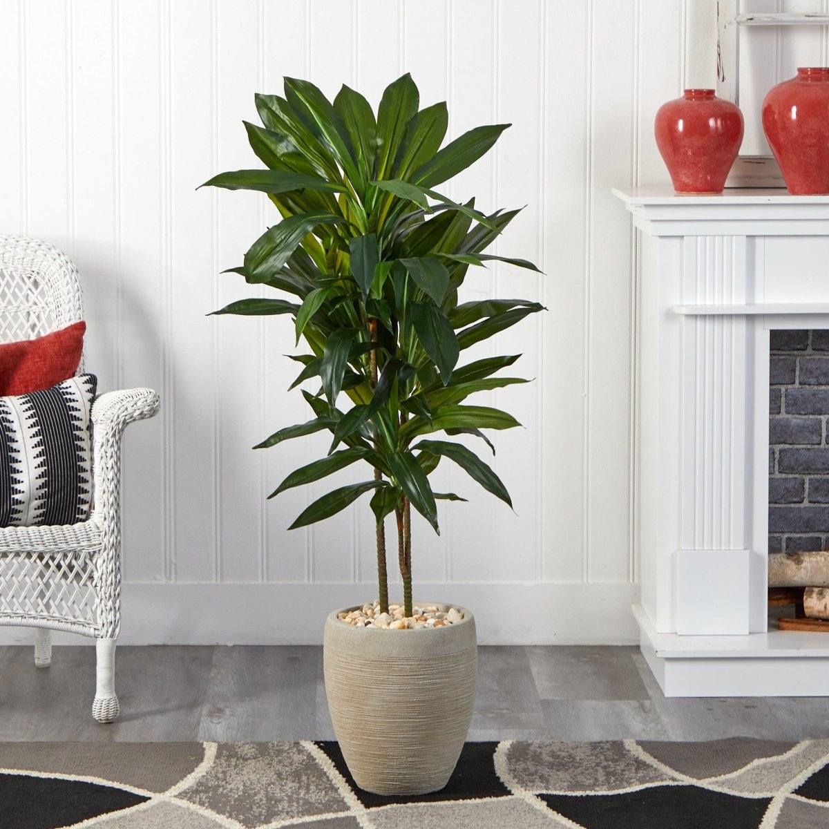 Nearly Natural 4' Artificial Dracaena Plant in Sand Colored Planter (Real Touch)