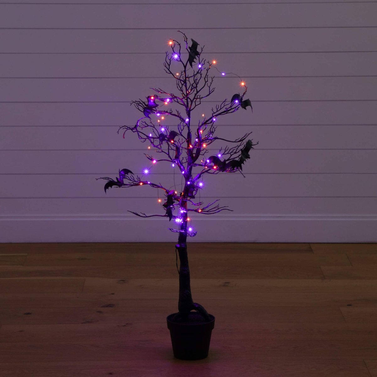 Nearly Natural 4' Pre-Lit Halloween Bat Twig Tree with 120 Orange & Purple LEDs