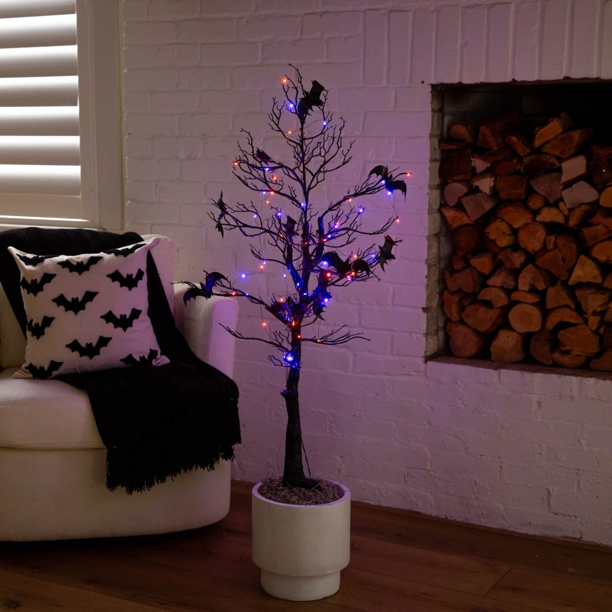Nearly Natural 4' Pre-Lit Halloween Bat Twig Tree with 120 Orange & Purple LEDs